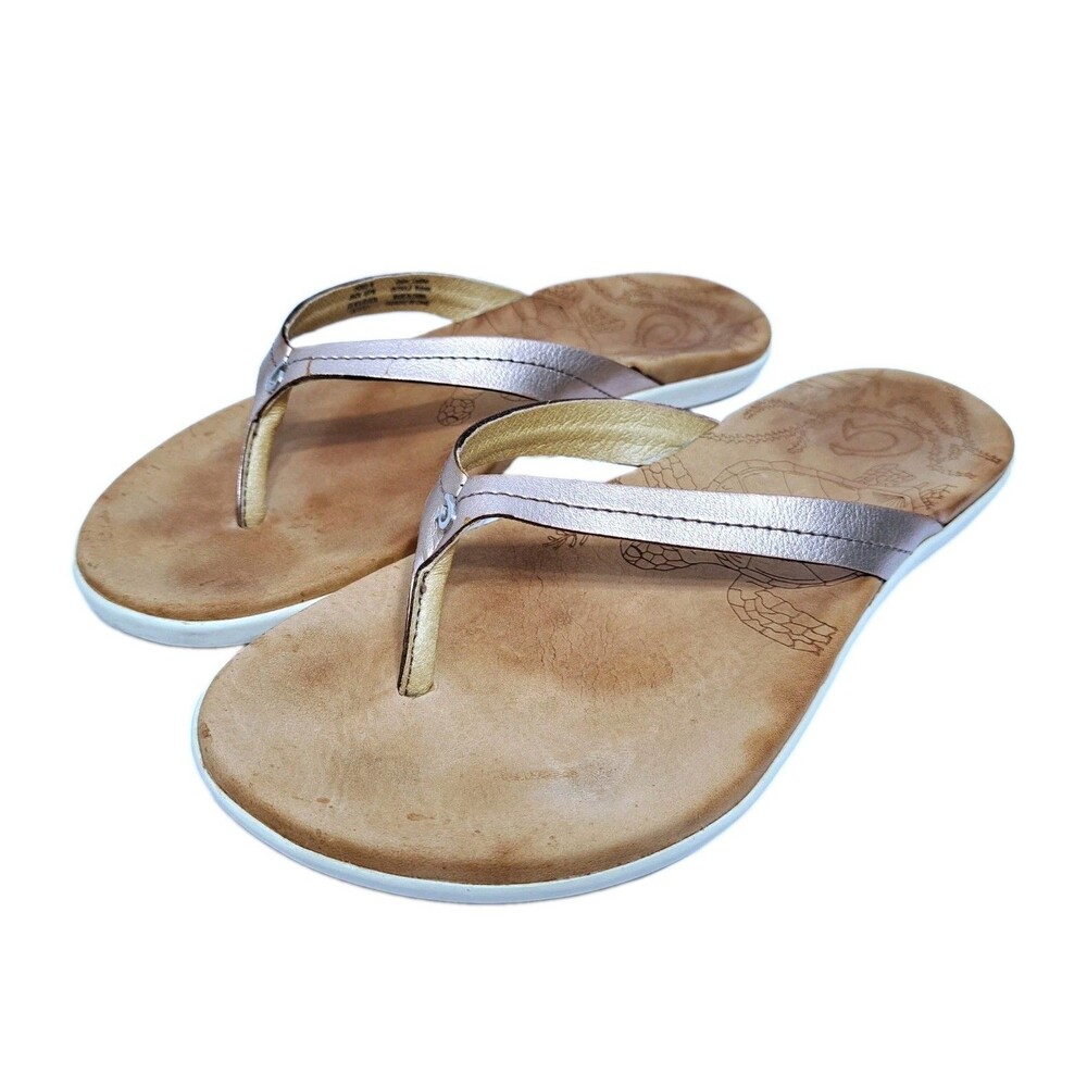 Olukai Honu Women's Size 8 Slides Sandals Flip Flops Leather Brown White
